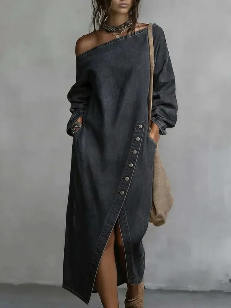 2026 New Autumn Winter Women Denim Dress Asymmetric Neck Long Sleeve Pocketed Button Decor Slit Hem Casual Fashion Long Dress - view 2