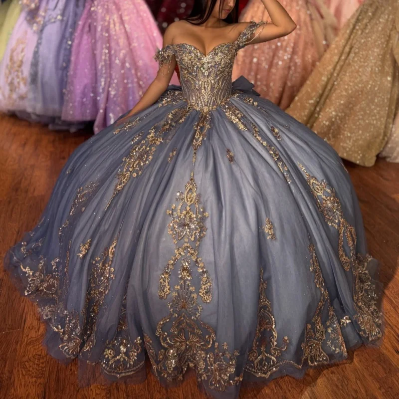

Grey Quinceanera Dresses Off the Shoulder Crystal Golden Glitter Decal Long tail Lace Bow Vestido De 15 Quinceanera Customize