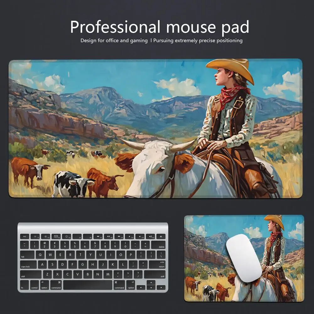 

HYBXAXC Western Cowgirl Cattle Desk Mat, Vintage Oil Painting Mouse Pad, Non-Slip Keyboard Pad for Office Gaming