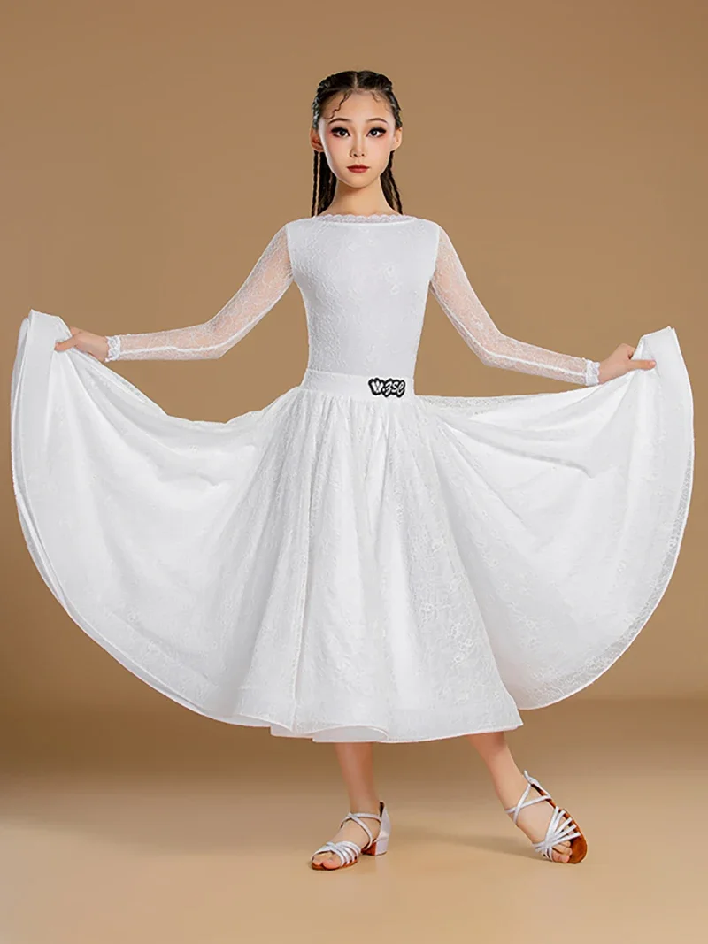Niños Niñas vals Tango baile de salón vestidos profesionales encaje blanco princesa mono y falda grande traje de baile moderno