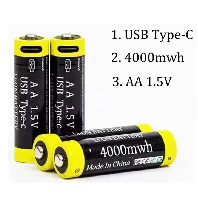 1.5V AA Battery 4000mWh Rechargeable Li-ion Battery for Mouse Remote Control Small Fan Electric Toy Batteries USB Type-C Cable