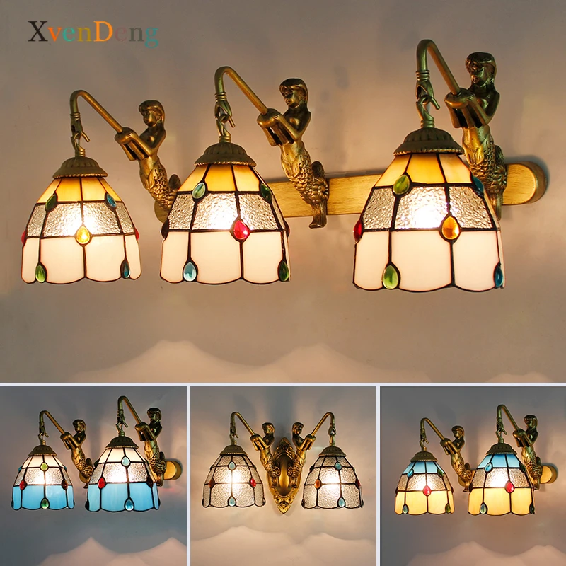 

Tiffany Mermaid Wall Lamp for Bedroom Vintage Stained Glass Led Wall Lights Home Decor Bathroom Mirror Light Bedside Wall Sconce