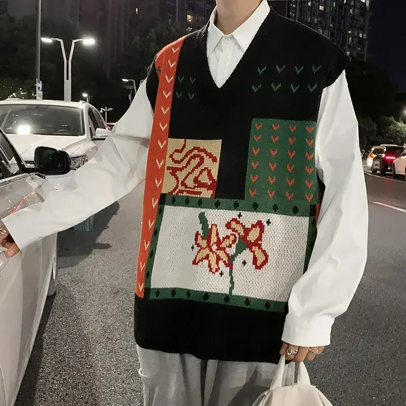 Knit Sweater Male Vest Patchwork Black Cute Sleeveless Men\'s Clothing Waistcoat Graphic Korean Style Winter 2025 New in Fashion