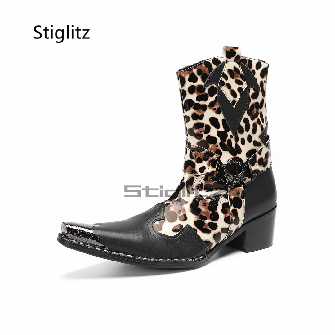 Leopard Print Cowboy Boots for Men Metal Toe Genuine Leather Patchwork High Heels Chelsea Short Boots Casual Party Dress Shoes
