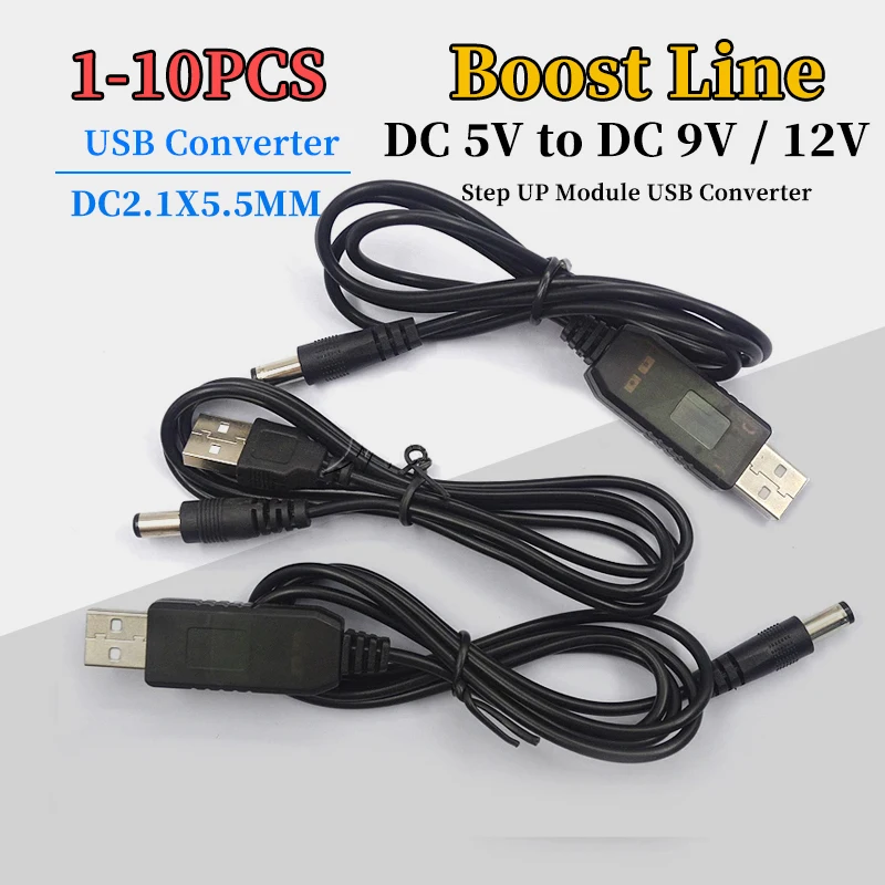 1-10Pcs USB Power Boost Line DC 5V to DC 9V / 12V Step UP Module USB Converter Adapter Cable 2.1X5.5MM Plug