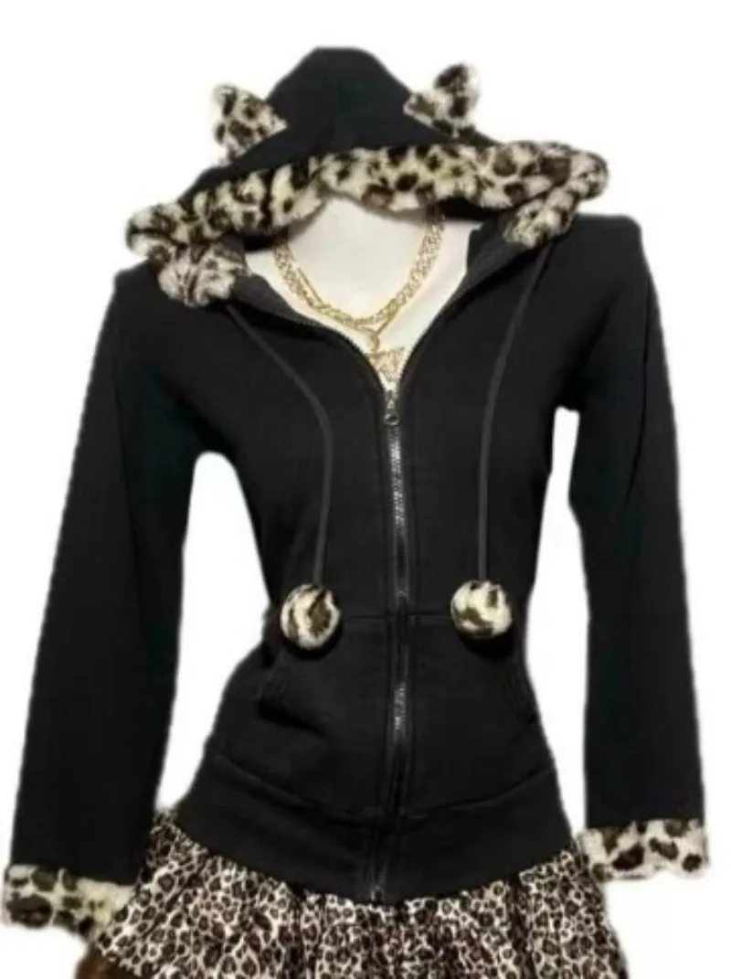 

American Style Y2K Harajuku Graphic Hoodie Women Fashion Leopard Print Ear Zip Up Hoodie Grunge Goth Punk Emo-Girl Clothes