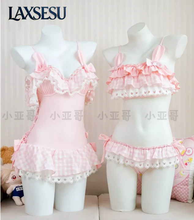 Girls One-Piece Suits Summer Women's Swimsuit Sweet and Cute Lace Edge Suspender Swimsuit Japanese Kawaii Lace Edge Bikini Set