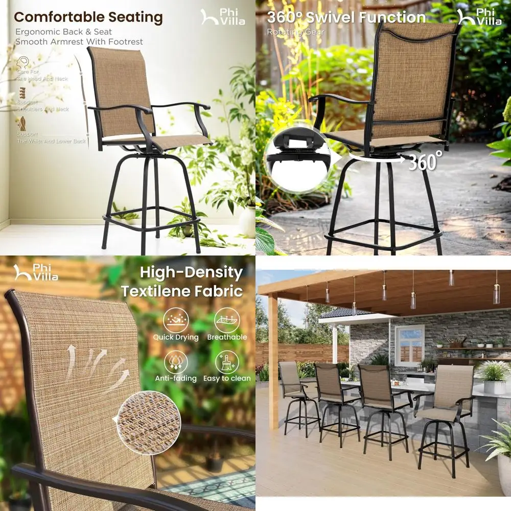 

Set of 4 Swivel Outdoor Bar Stools, 30'' Seat Height, Brown Textilene Backrests, Suitable for Patio, Porch, and Yard
