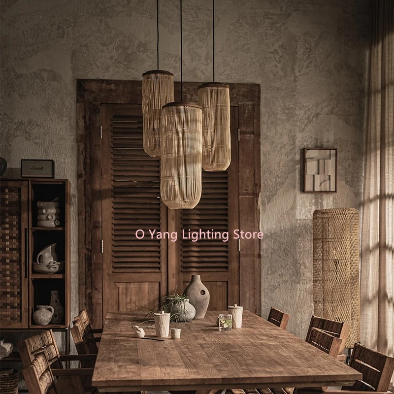 Handmade Woven Rattan Living Dining Room LED Wicker Light Pendant Light  Wabi Sabi  Including Light Bulbs