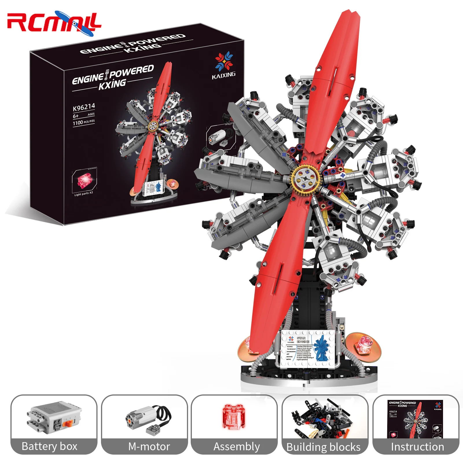 

K96214 1100PCS Simulation 9-cylinder Aircraft Engine Building-Blocks Model with Lighting MOC Bricks Kit