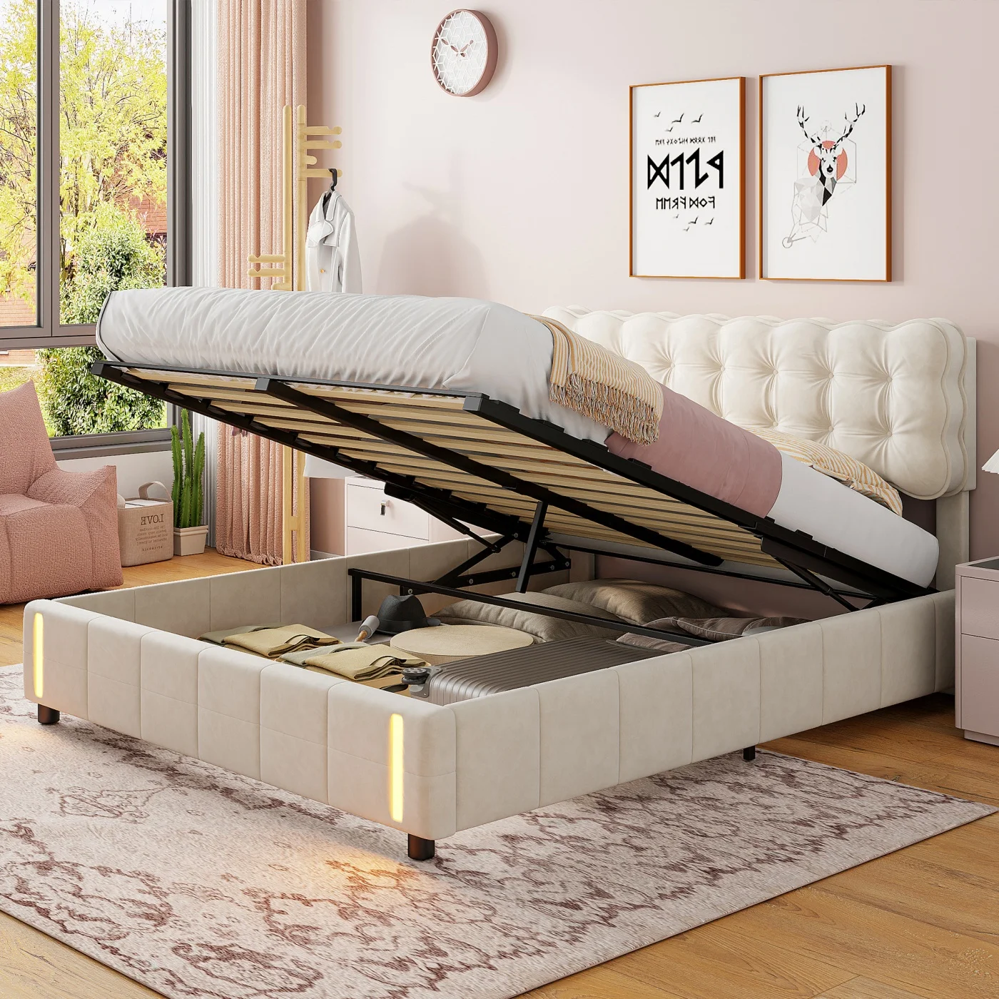 Lit de rangement hydraulique 140x190cm, lit double rembourré avec LED, cadre de lit fonctionnel avec espace de rangement et sommier à lattes, sans matelas, beige