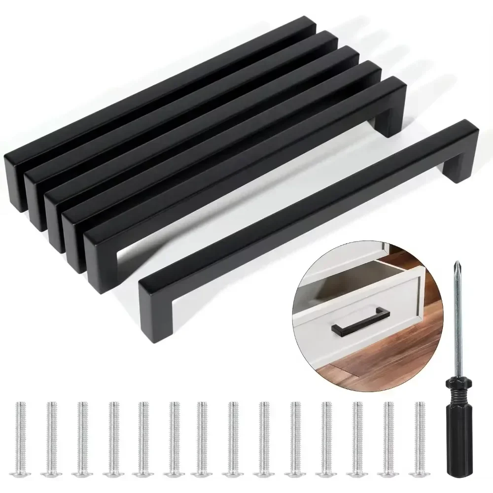 

6PCS Square Handl for Furniture Black Furniture Handles Kitchen Cabinets Handle Knobs and Handle Stainless Steel Modern