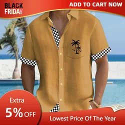 Solid color plaid Hawaiian vacation shirt outdoor vacation summer lapel men's short-sleeved top comfortable and breathable