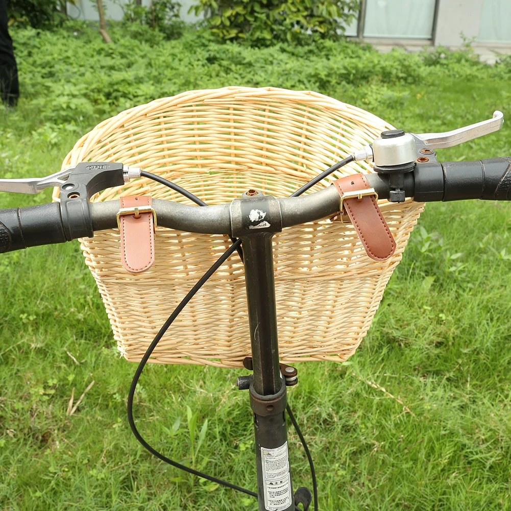 Retro Rattan Bike Front Basket Bicycle Cycling Handlebar Cargo Storage Container  with Belt for Bicycle Parts Accessories