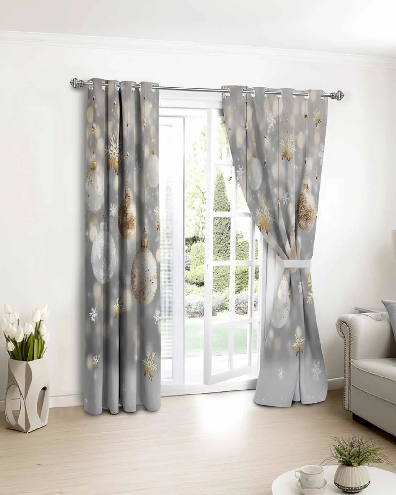 

2pcs, 1 panel Winter Snowflake Colored Ball Polyester Window Curtains For Living Room Kitchen Bedroom Drapes