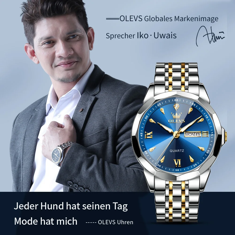 OLEVS Fashion Prism Mirror Mens Catches Orologio al quarzo con doppio calendario impermeabile originale per uomo con fibbia a farfalla in acciaio inossidabile