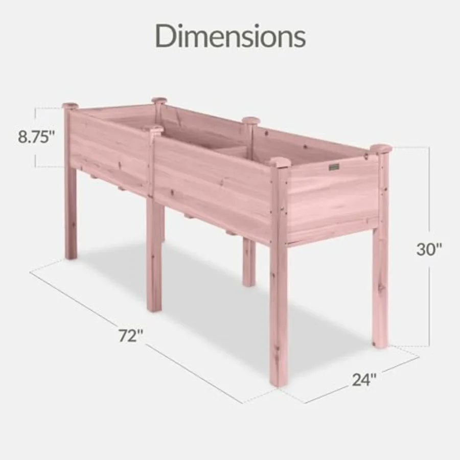 Raised garden bed for backyard, patio, balcony; wood; pink; 72x24x30in, elevated with divider panel and 6 legs, 300lb capacity