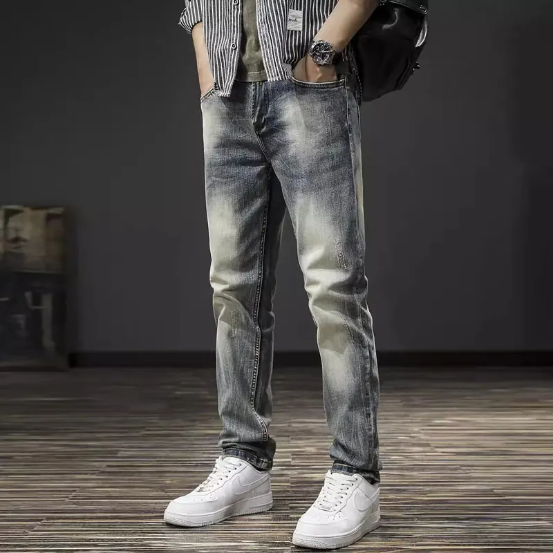 HombreStreet fashion men's jeans retro blue washed elastic slim fit corrugated jeanY2Ks men's designer retro jeans hombre