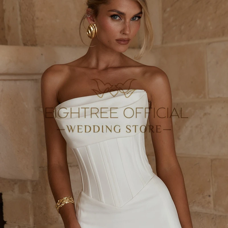 Eightree Boho Mermaid Wedding Dresses Strapless Sleeveless Sweep Train Satin Bridal Dress Simple Wedding Prom Gowns Customized image 4