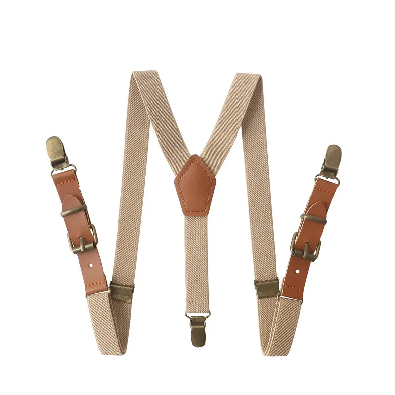 Vintage Brown Leather Alloy 3 Bronze Clips Kid Ring Bearer Vintage Casual Suspenders Western-Style Trousers Boy\'s Braces Strap