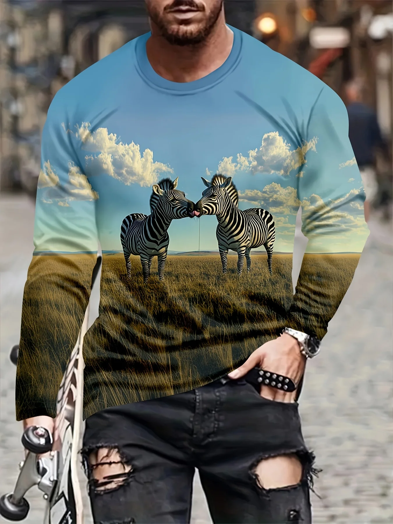 

Men'S 3D Square Print Long Sleeve Crew Neck Polyester Knit Pullover - Casual Party Wear for Spring/Fall, 2025