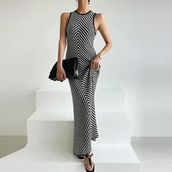 Chic summer high-end round neck striped contrasting splicing bag hip slimming sleeveless knitted dress vestidos