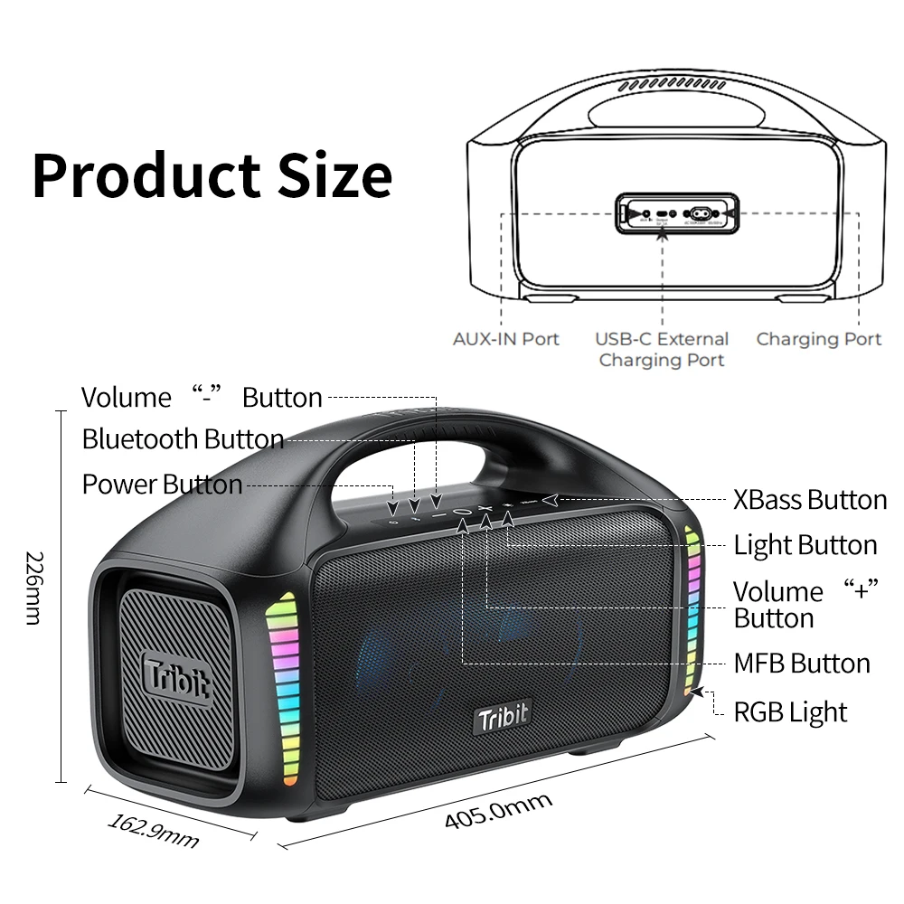 Tribit StormBox Blast Portable Bluetooth Speaker, 90W Stereo Sound with XBass, IPX7 Waterproof, LED Light, PowerBank, Custom EQ