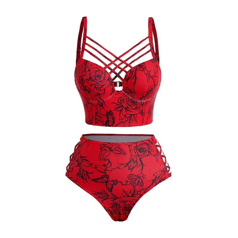 

2024 New Women Bikinis Set Rose Butterfly Print Underwire Crisscross High Waisted Bikini Two Piece Swimwear