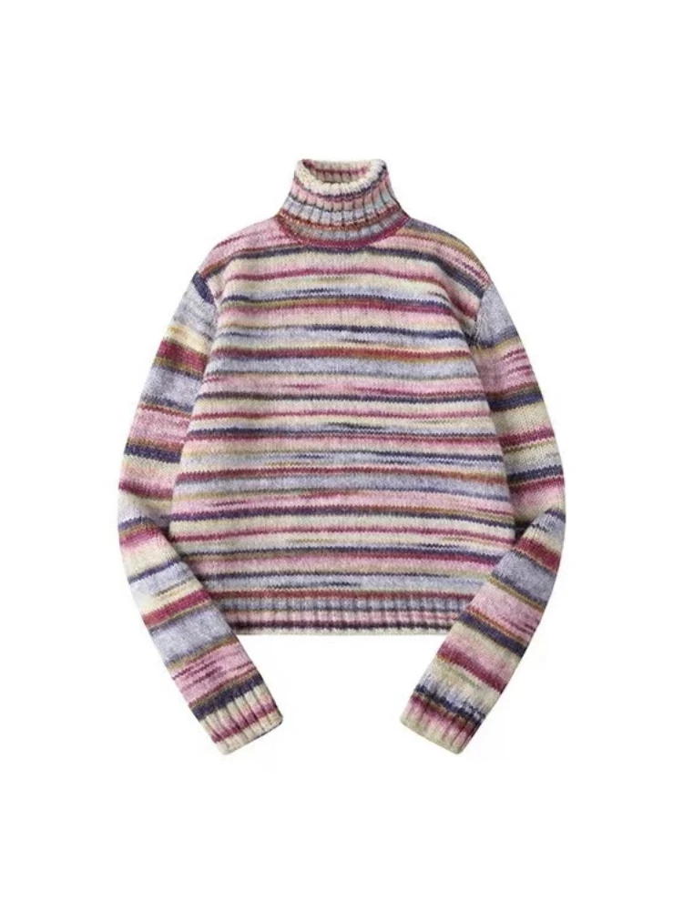 QWEEK Y2k Vintage Retro Striped Rainbow Sweater Women Japanese Harajuku Grunge Turtleneck Knitted Knit Pullovers 2024 Autumn