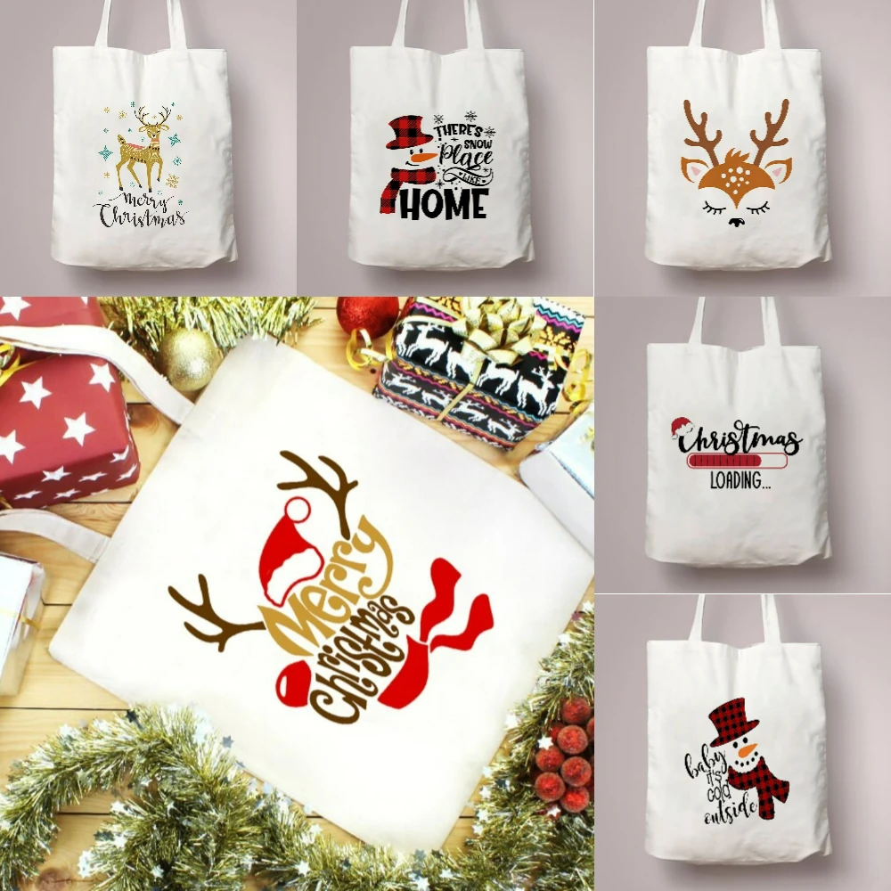 

Christmas Reindeer Christmas Elements Print Tote Bag Eco Friendly Canvas Shopping Bag Large Capacity Shoulder Bag for Christmas