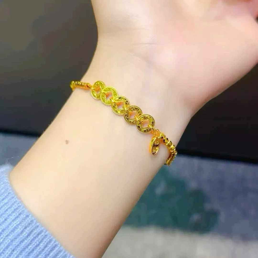 

Women's Five Emperors Coin Bracelet, 24K Gold, AU999 "Stability" engraving with rope motifs, subtle professional auspiciousness