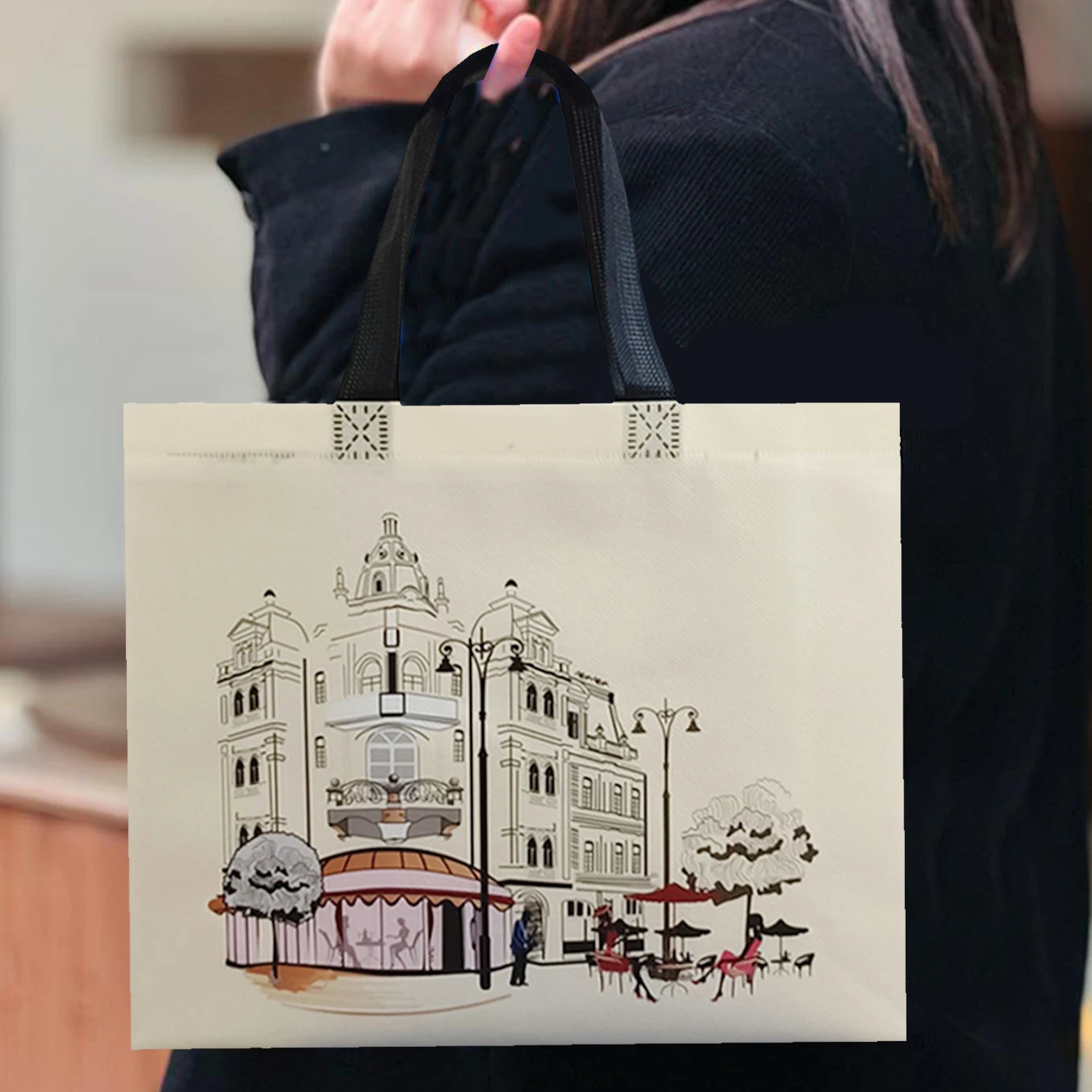 1 PC Non-woven Shopping Bag Eco Bag Large Capacity Portable Storage Pouch European Landscape Print Handbag Reusable Bag