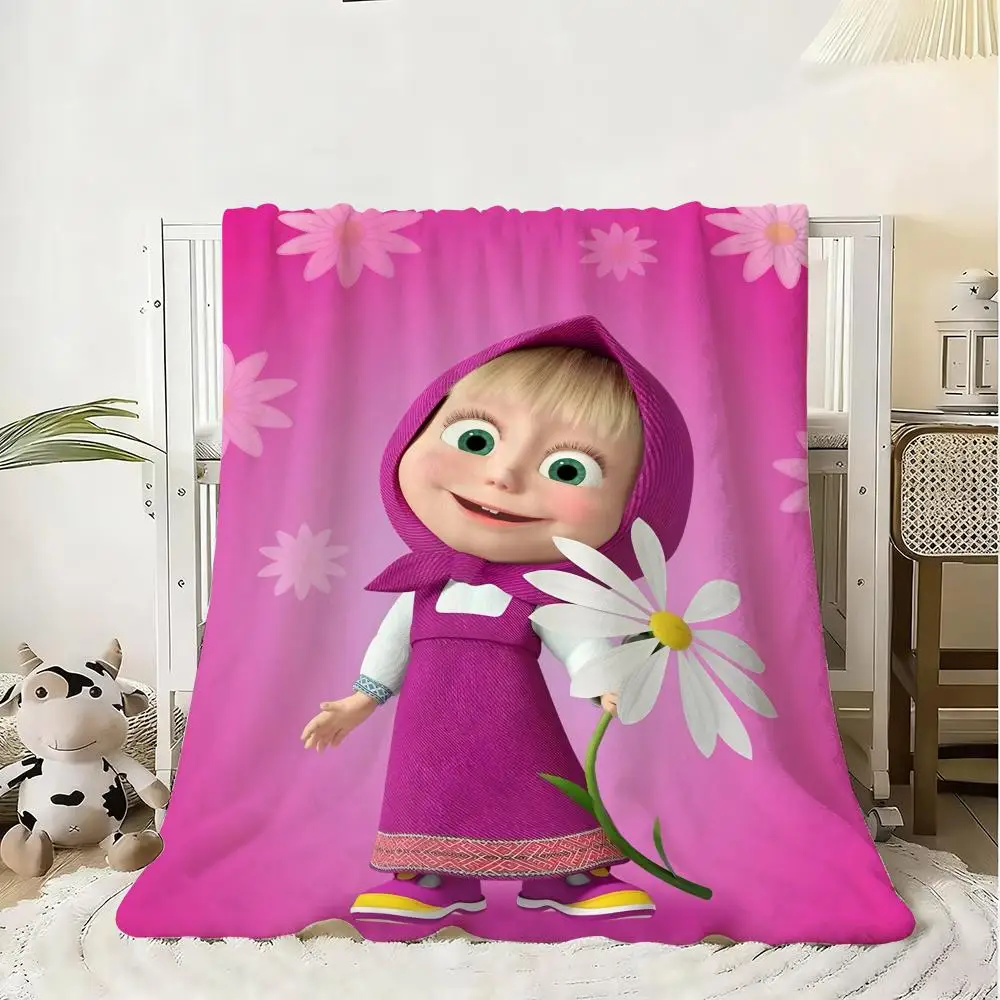 Cartoon Masha and Bear Throw Soft Flannel Blanket Warm Knee Skin-Friendly Throw for Sofa Office Bed Traveling Winter Oversize