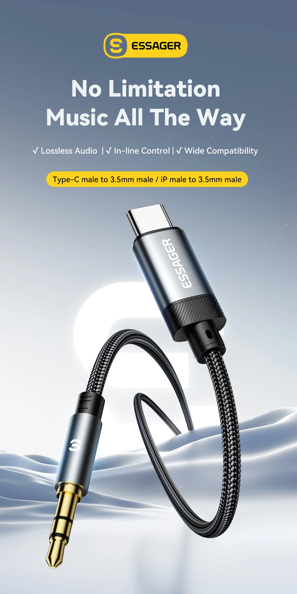 Essager Type C/USB-A/Lightning To 3.5mm Jack AUX Cable Audio Adapter for Phone Headphones Car HIFI Stereo Sound Audio Connector