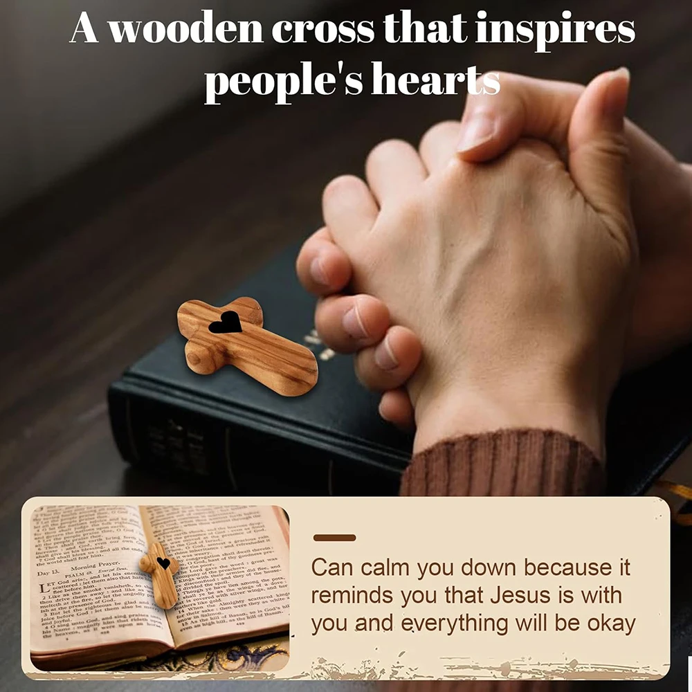 Wood Pocket Cross with Heat Shape Handheld Prayer Cross for Stress Relief & Comfort, Smooth Clinging for Faith Gifts for Mom Dad
