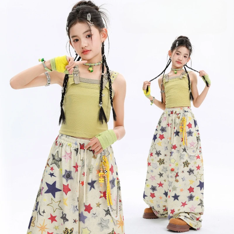 

New Girls Jazz Dance Clothes Sets Cool Vest Tops Baggy Pants Kpop Performance Outfit Group Hip Hop Costume Stage Wear Clothing