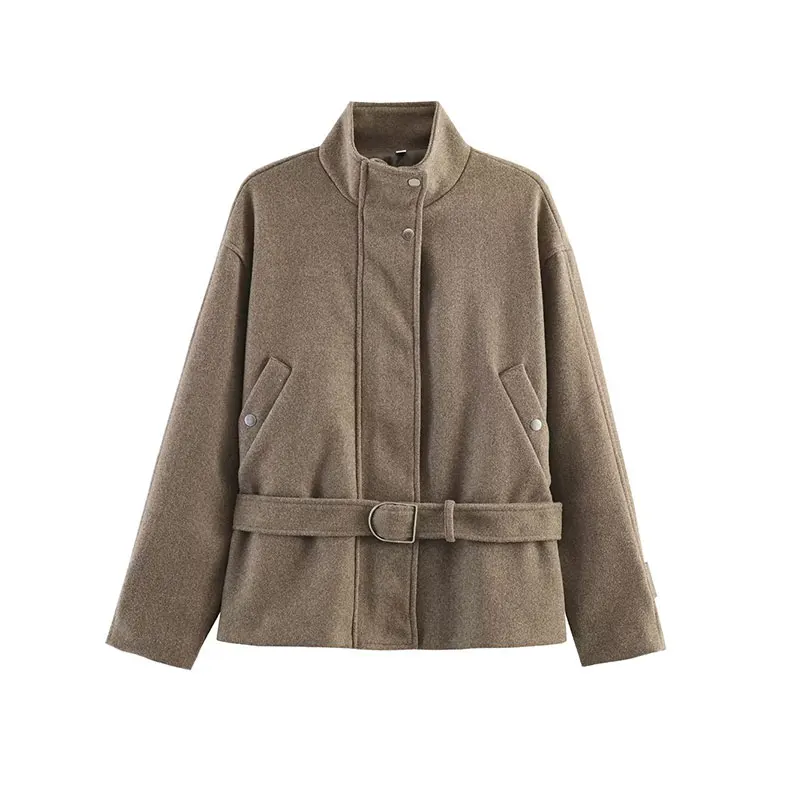 Nlzgmsj 2026 Autumn Winter Women Stand Collar Belted Blend Loose Warm Outerwear Casual Pocket Jacket Thick Windproof Coat