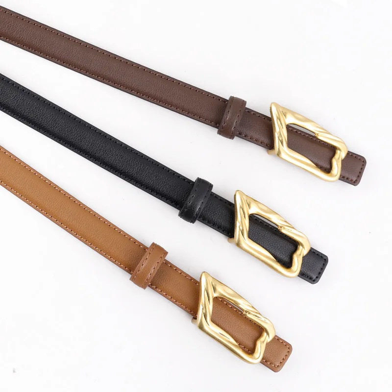 Metal Gold Irregular Buckle Cowskin Slim Waistbands for Women Brown Coffee Design Plain Real Cow Leather Cinturones Para Mujer