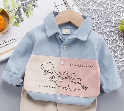 Boys 2Pcs Color Block Cartoon Dinosaur Print Lapel Button Shirt Elastic Waist Roll Cuff Casual Pants Kids Spring Outfit Set