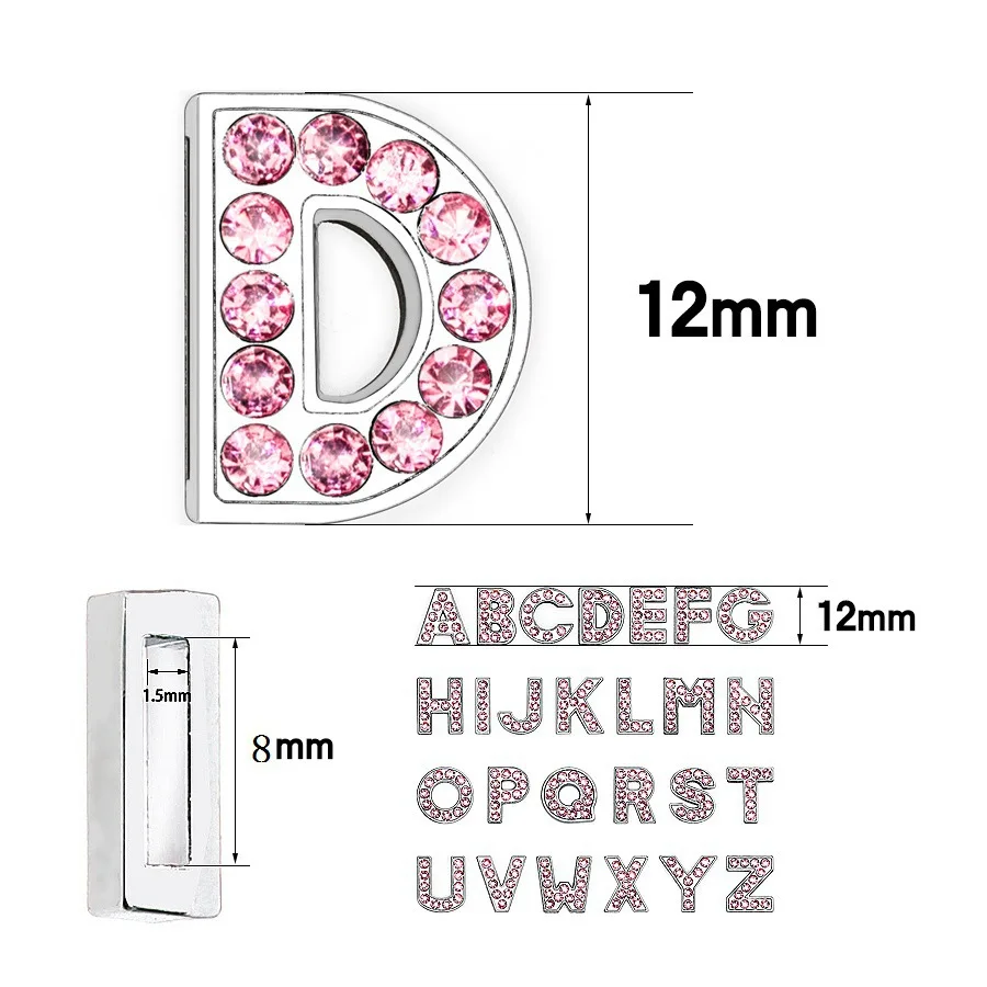 10PC/lot Hole 8MM Pink Rhinestones Slide Letter A--Z English Alphabet Fit For DIY Charms Keychains