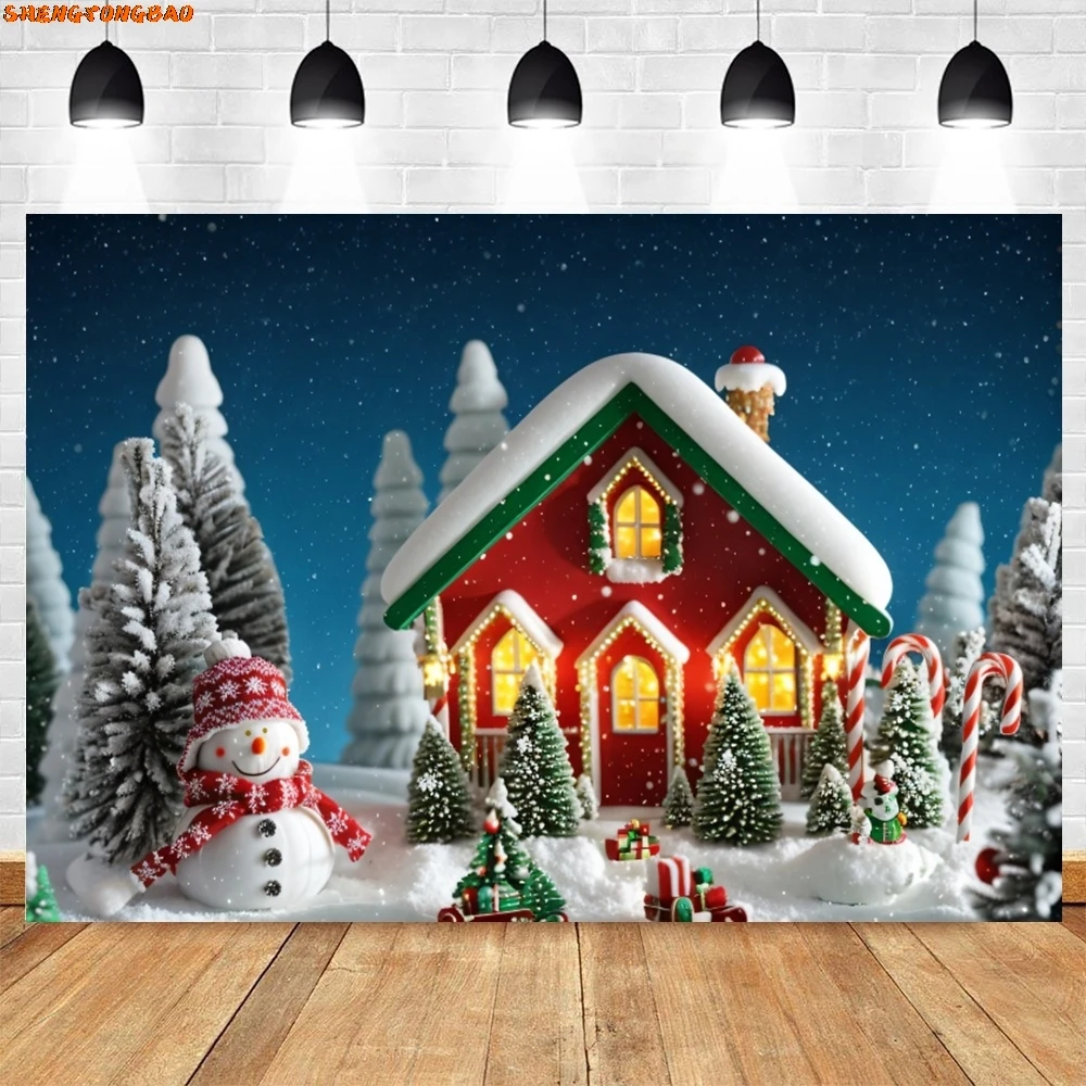 Рождественский зимний фон Снежная страна чудес Сказочный лес Рождественская елка Подарок Луна Снеговик Семейная вечеринка Фон для фотосъемки