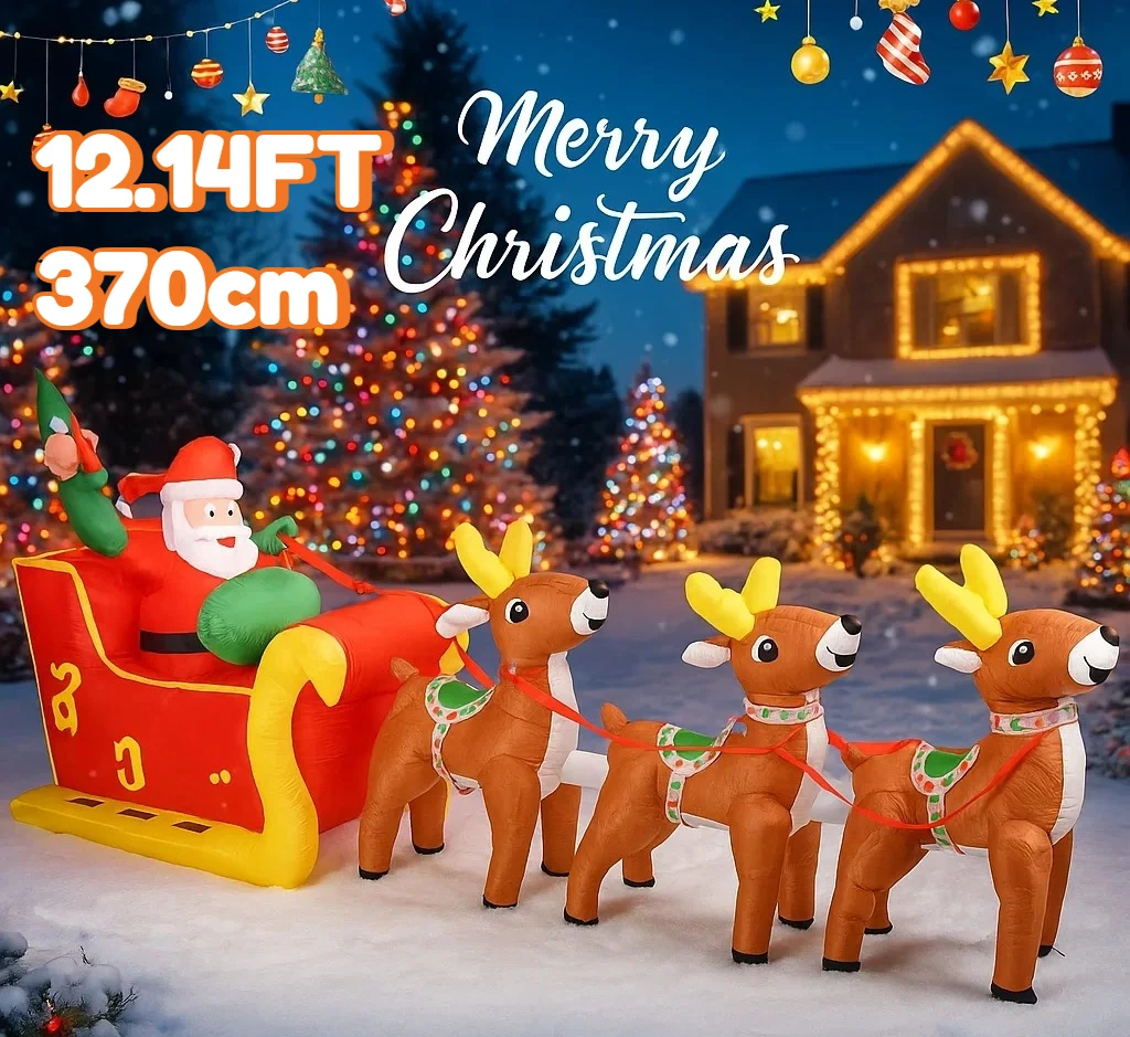 

12.14FT Inflatable Toys Santa Sleigh Reindeer Xmas Yard Party Decor LED Lit Decor Ornament for Festive Season Celebration