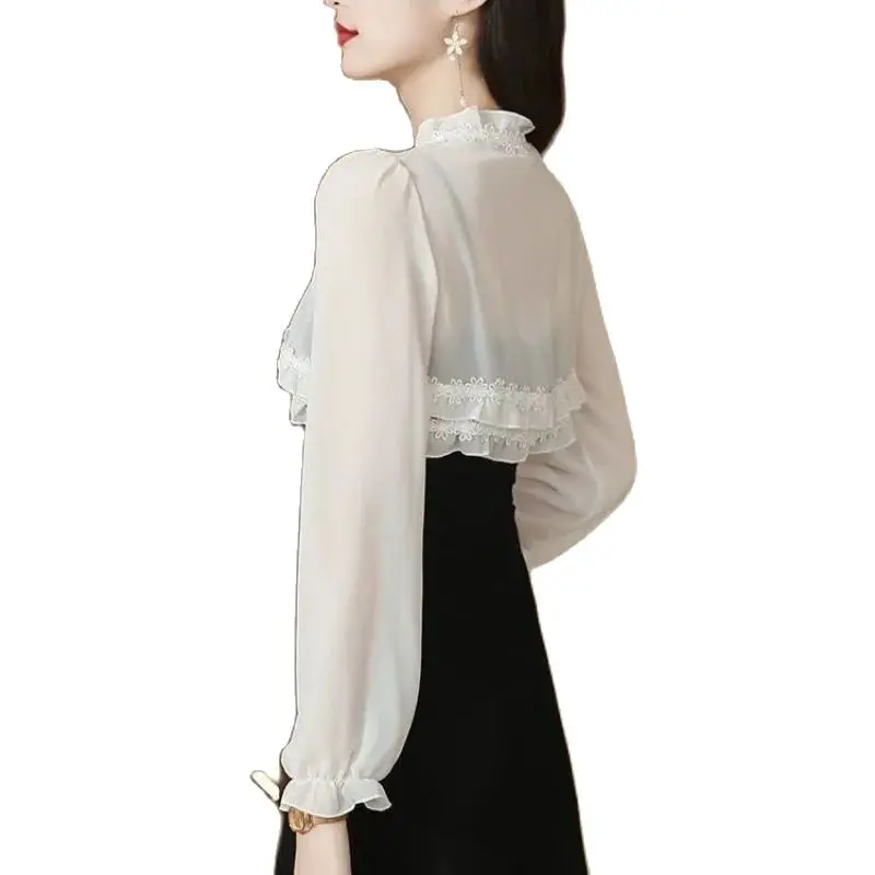 White Black Floral Chiffon Women Bolero Female Wedding Wrap Long Sleeve Open Front Sheer Shrug Shawl Bridal Cardigan Tops Cover