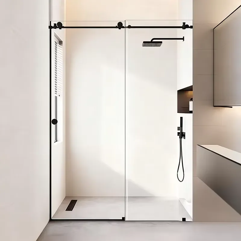 Tempered Glass Shower Door With Black Stainless Steel Frameless Sliding Hardware Hinges Set for Hotel Bathroom Enclosure