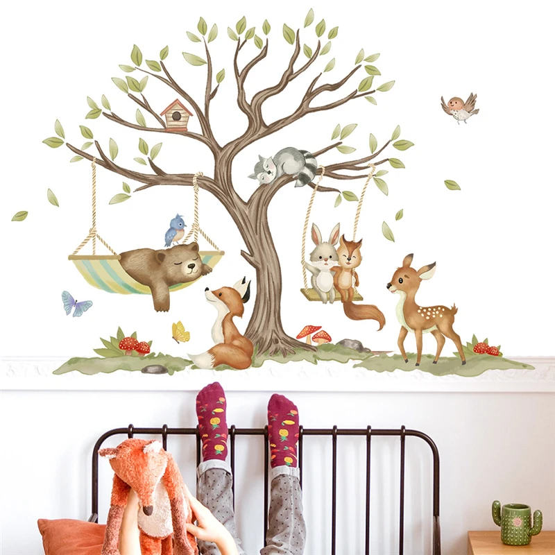 Woodland Animals PVC Wall Sticker Cute Cartoon Tree Swing Nature Scene, Toddler Room Background Baby House Interior Art Decals
