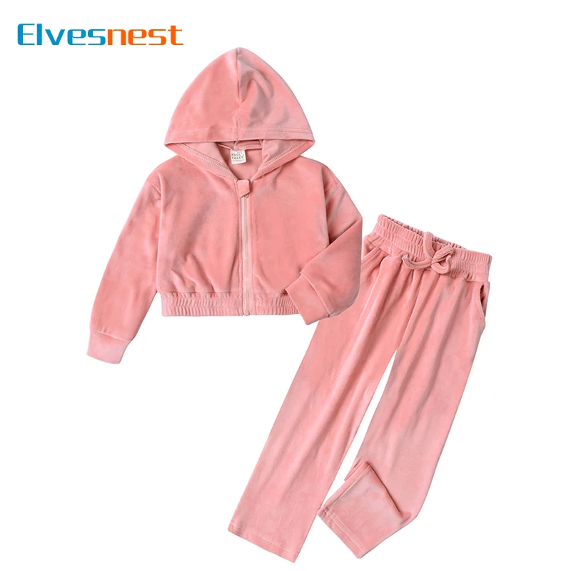 Autumn Winter Kids Clothes Girls Sports Suit Velvet Long Sleeve Hooded Zipper Top and Bottom Casual Children Clothing 1-14Years