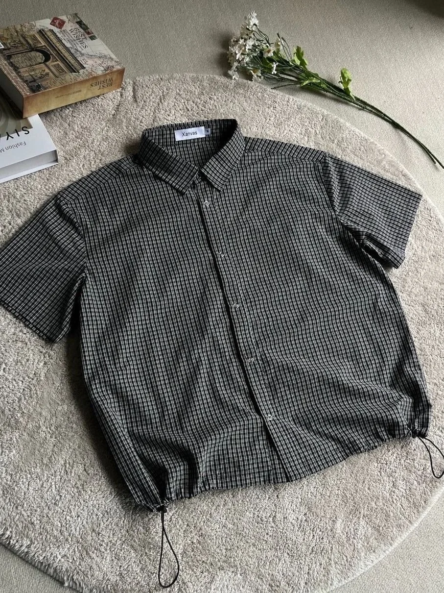 Drawstring Waist Short Sleeve Plaid Shirt Men's Summer Outdoor Sun Protection Thin Grid Shirt Coat Breathable Casual Style