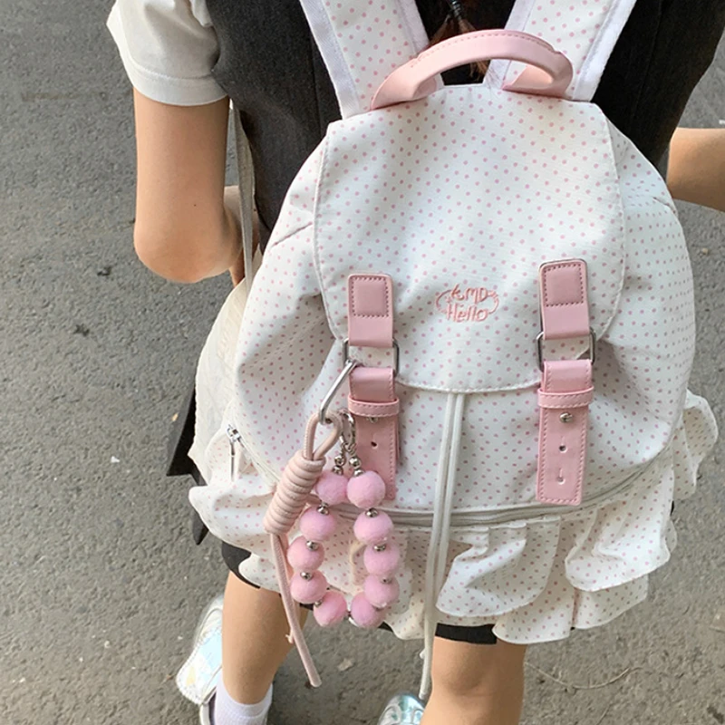 Korean Ruffled Polka Dot Backpack Large Capacity Lightweight Casual Travel Storage Bag Preppy Style Fashion Drawstring Bags