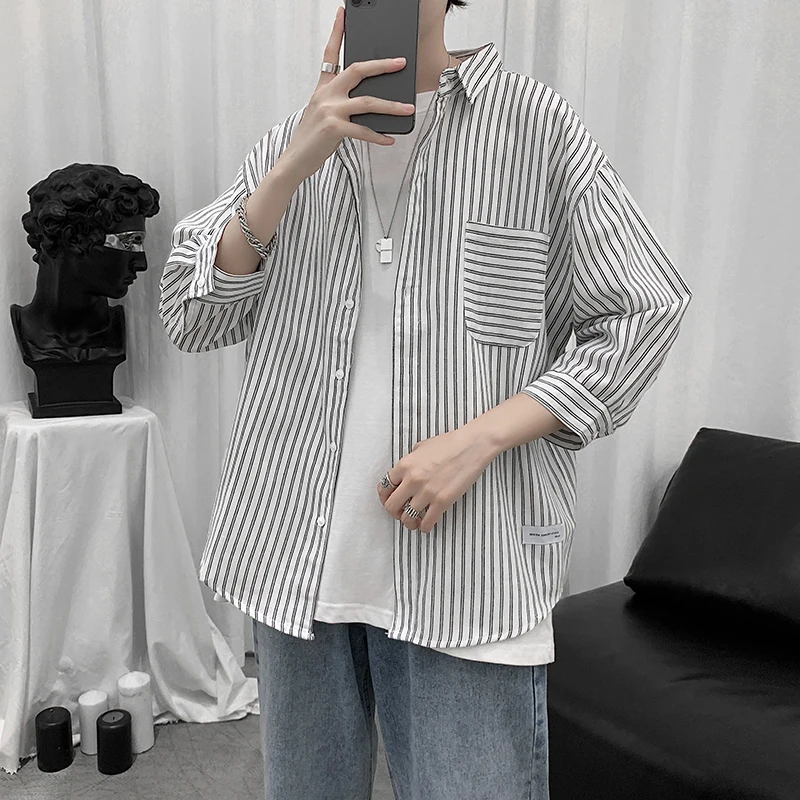 Trendy Casual Men's Shirt Stripe Pattern Half Sleeve Fashionable Versatile Spring Youth  Print No Iron Treatment