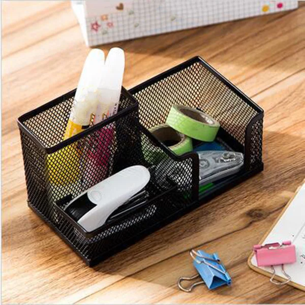 

3 Compartments Black Multifunctional Mesh Desk Organizer Pencil Pen Holder Desktop Stationery Storage Box for Office